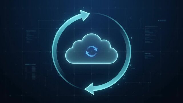 Digital cloud computing icon spinning with continuous circular loading arrows in this blue glowing motion graphics technology animation video clip