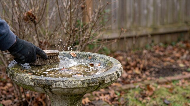 Cleaning garden bird bath with stiff brush