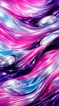 Abstract 3D Motion of Flowing Pink and Purple Silk Waves with Shiny Pearls