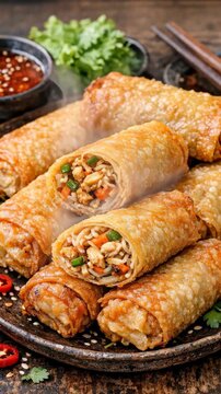 Crispy Fried Spring Rolls Filled with Noodles and Vegetables