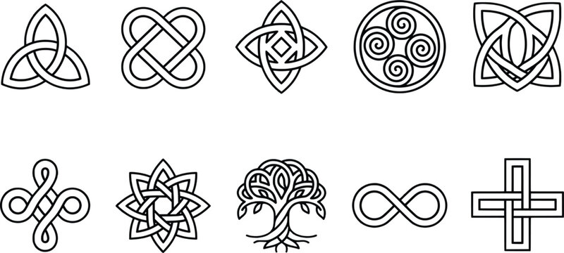 Interwoven celtic knots and tree of life symbols in black line art for spiritual meditation guides traditional irish jewelry designs and pagan cultural illustrations.