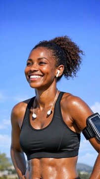 Smiling African American Woman Sweating During Outdoor Workout with Earbuds