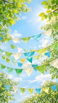 Colorful bunting banners hanging outdoors under trees for a summer party