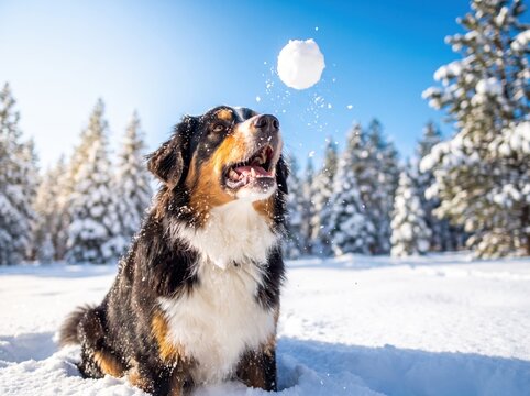 A tri color dog plays with a snowball in a snowy winter forest under a bright blue sky. This playful canine enjoys the cold weather, captured in a vibrant close up.
