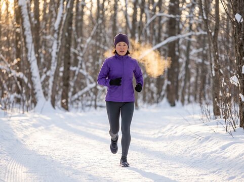 An Asian woman is running outdoors on a snowy path in a winter forest. This runner is dressed in warm athletic clothing, with her breath steaming in the cold air.