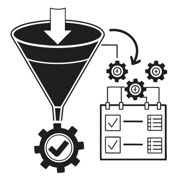 Business funnel icon with a checkmark gear and a checklist document, representing process efficiency and task management, black and white