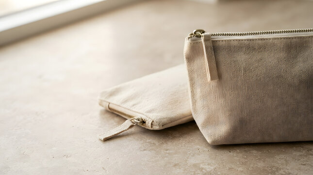 Blank Canvas Zipper Pouches Mockup Set on Neutral Surface for Custom Logo Design, Cosmetic Bag Set, and Minimalist Branding Presentation
