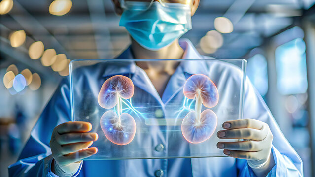 Doctor in mask holding holographic display of human kidneys with glowing veins