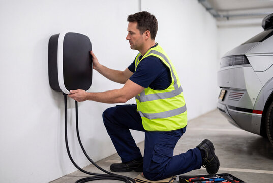 Electrician Installing Home EV Charging Wallbox Next to Electric Vehicle in Garage