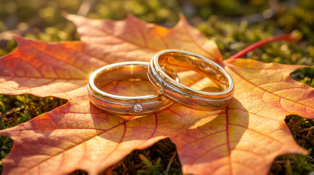 Two gold wedding rings resting on a vibrant autumn maple leaf in natural sunlight