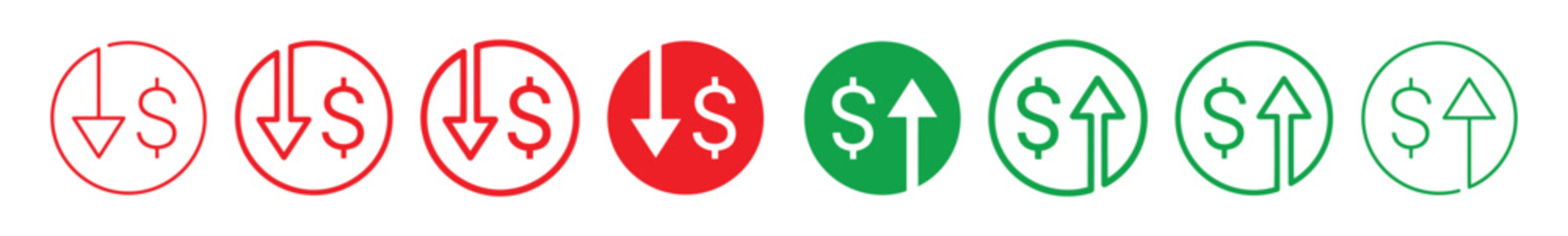Set of financial icons with dollar sign and up or down arrows, representing price increase or decrease, profit or loss, business growth or decline, vector illustration