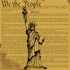 US Constitution preamble background with Statue of Liberty line art illustration and We The People text © MD