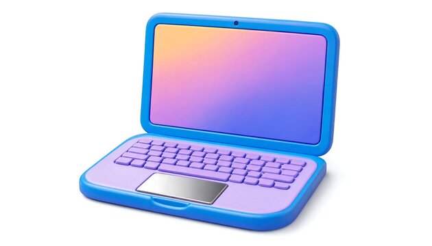 Stylized threedimensional blue laptop with a vibrant gradient screen and purple keyboard on a clean white background depicting modern technology and digital communication tools