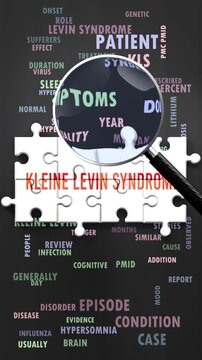 Kleine Levin Syndrome under magnifying glass, being researched, studied and examined. Most important subjects and ideas closely related to kleine levin syndrome written around a puzzle.