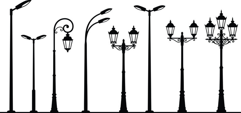 Vintage and modern street light poles collection urban lantern lamps park illumination elements silhouette vector set