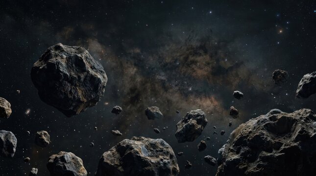 Asteroid field in deep space with nebula background