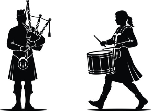 Traditional Scottish bagpipe player and marching drummer silhouette vector set musicians wearing kilts performing historic cultural folk music