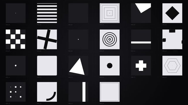 Abstract geometric shapes in monochrome grid pattern with cinematic motion