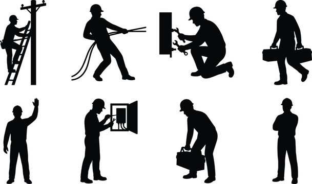 Electrical Utility Worker Silhouette Collection with Line Installation Maintenance and Professional Service Activities