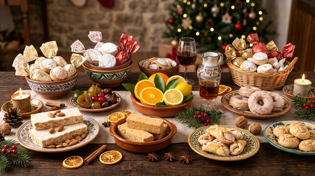 Traditional sweets and desserts spread on wooden table