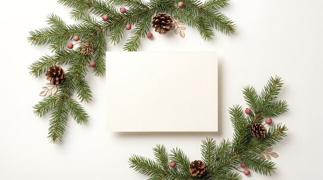 Festive winter frame with evergreen branches and pinecones on a bright background