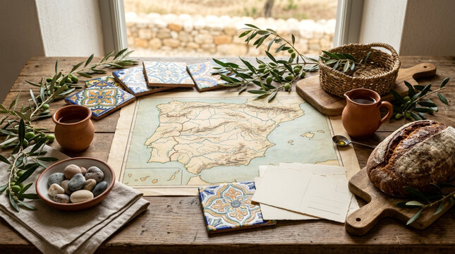 Vintage map of the iberian peninsula with mediterranean elements