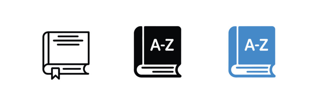 Dictionary book vocabulary alphabet AZ reference guide, language learning, education, glossary, knowledge, vector icon set