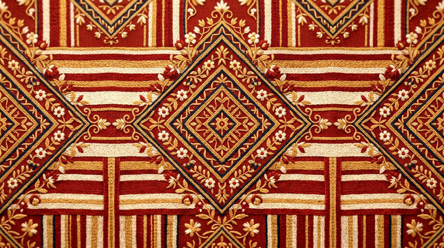 Ornate red and gold traditional embroidery with diamond patterns