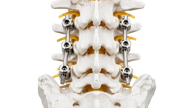 Lumbar spine surgical fixation hardware with rods and screws on vertebral bones and spinal nerves isolated on white background