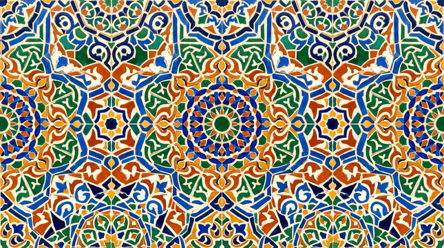Traditional ceramic mosaic tile pattern with colorful geometric shapes