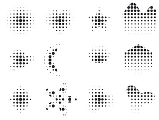 Set of assorted shapes created with monochromatic halftone patterns featuring various geometric arrangements for creative design projects requiring repeating dotted elements across many © Digion
