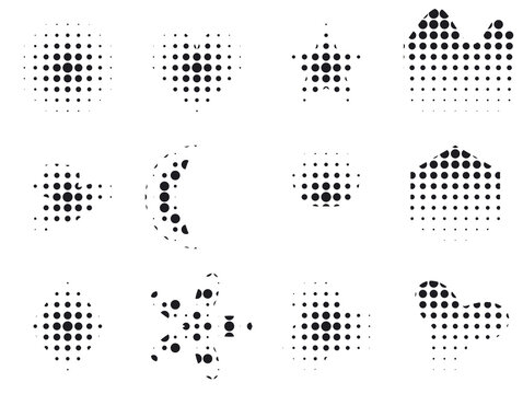 Set of assorted shapes created with monochromatic halftone patterns featuring various geometric arrangements for creative design projects requiring repeating dotted elements across many