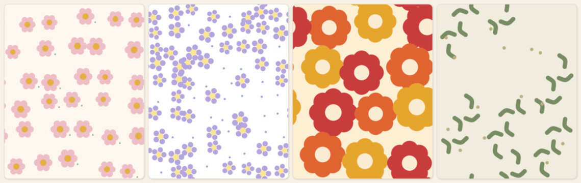 Set of four artistic textile patterns featuring repeated geometric shapes and floral motifs in colorful palettes for creative design projects covering seasonal decor and printed paper craft