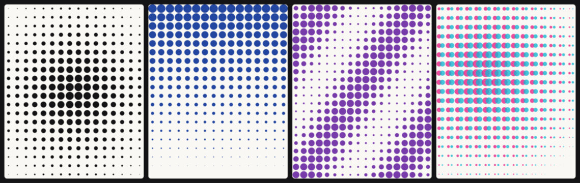 Set of four geometric patterns featuring changing square shapes in various colors for artistic design projects and creative textures using repeating grids that display vibrant hues and gradient
