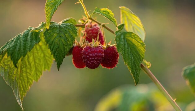Ripe red raspberries hanging on a branch in golden light