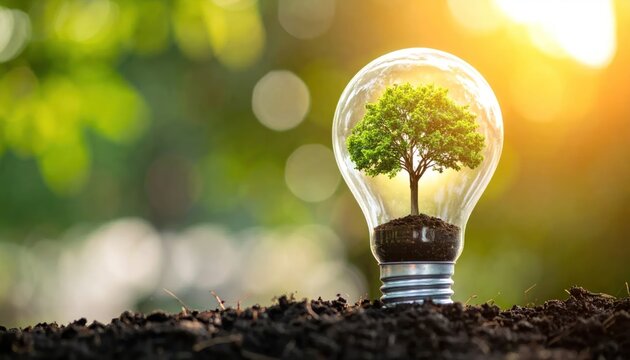 Small green tree growing inside lightbulb on dark soil