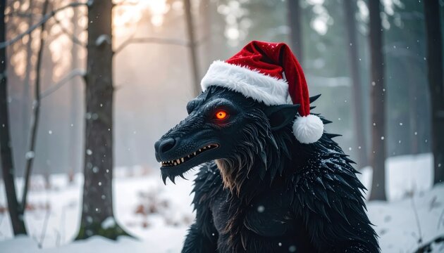 Black werewolf wearing Santa hat in snowy winter forest