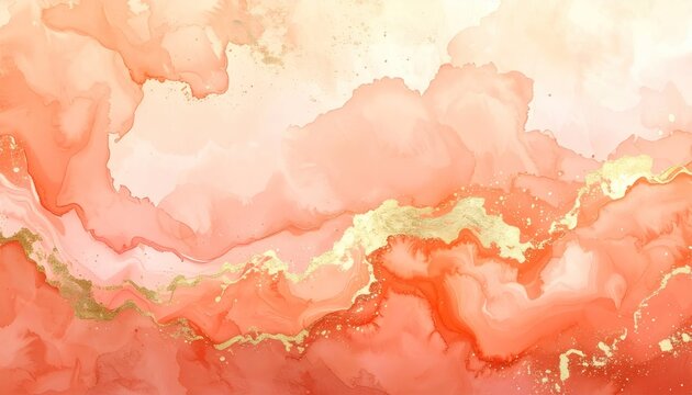 Peach and coral alcohol ink abstract with gold accents