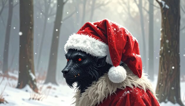 Black werewolf wearing Santa hat in snowy winter forest