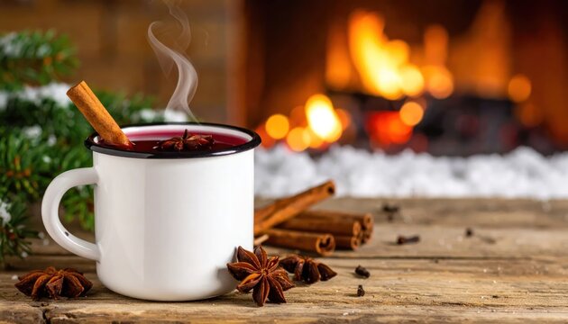 Steaming mulled wine mug by fireplace on winter night
