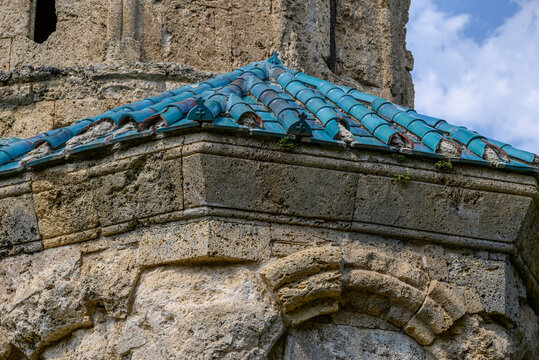 Roof details on the Kvetera Church within historic Kvetera Fortress, Georgian Orthodox architecture in the Kakheti Region of Georgia