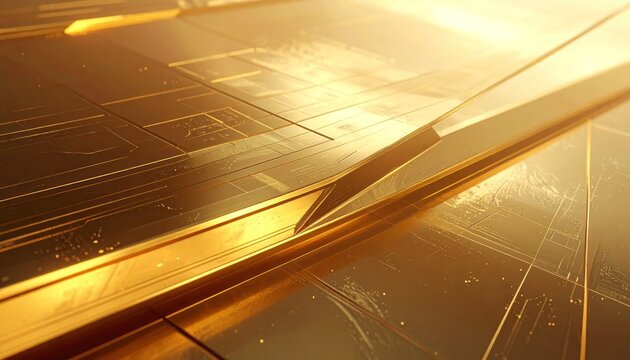 Abstract golden futuristic circuit board with glowing light patterns
