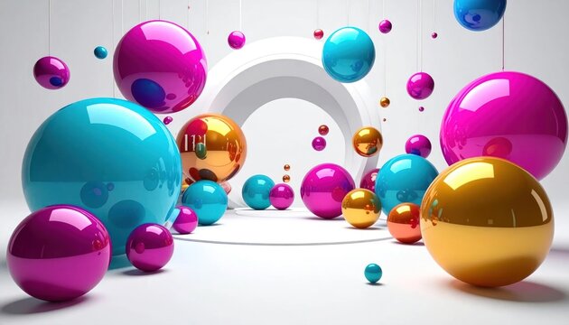 Colorful glossy 3D spheres in a minimalist white studio