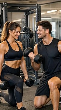 Fit Man and Woman Smiling while Training with Dumbbells in a Gym