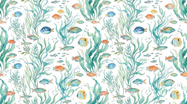 Colorful tropical fish pattern with green seaweed
