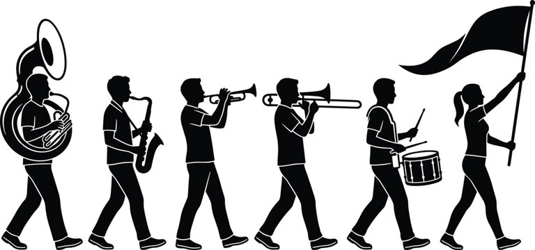 Marching band parade musicians silhouettes set performing with brass instruments saxophone trumpet tuba trombone drum and waving flag vector