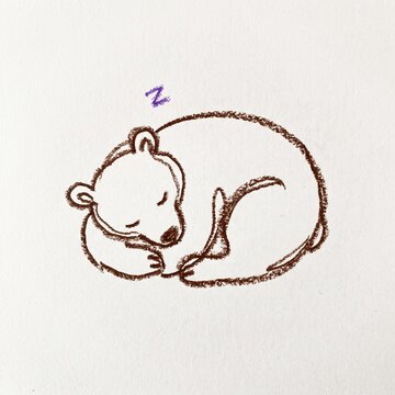 Minimalist single-line brown crayon doodle of a curled-up sleeping bear with a tiny purple 'z' scribble, messy waxy texture on white background.