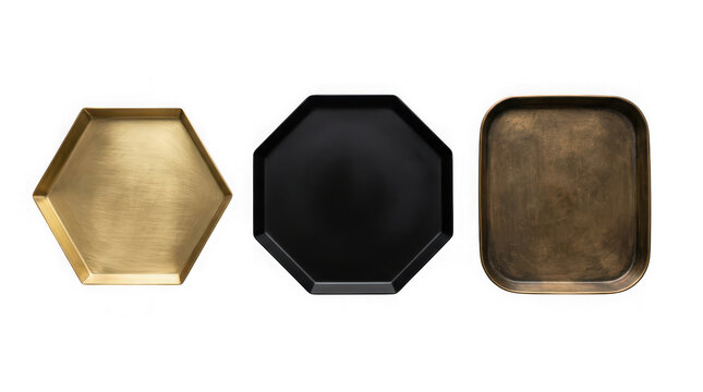Set of three decorative metal trays in hexagonal, octagonal, and rectangular shapes isolated on transparent background