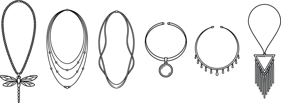 Luxury female necklaces and pendant jewelry collection set outline vector isolated elegant fashion accessories linear style