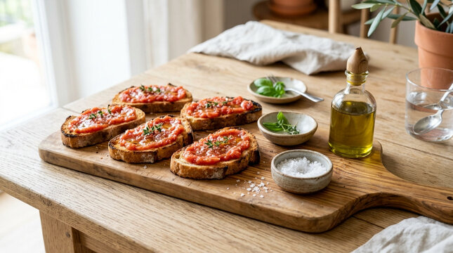 Fresh spanish pan con tomate served on a rustic wooden board